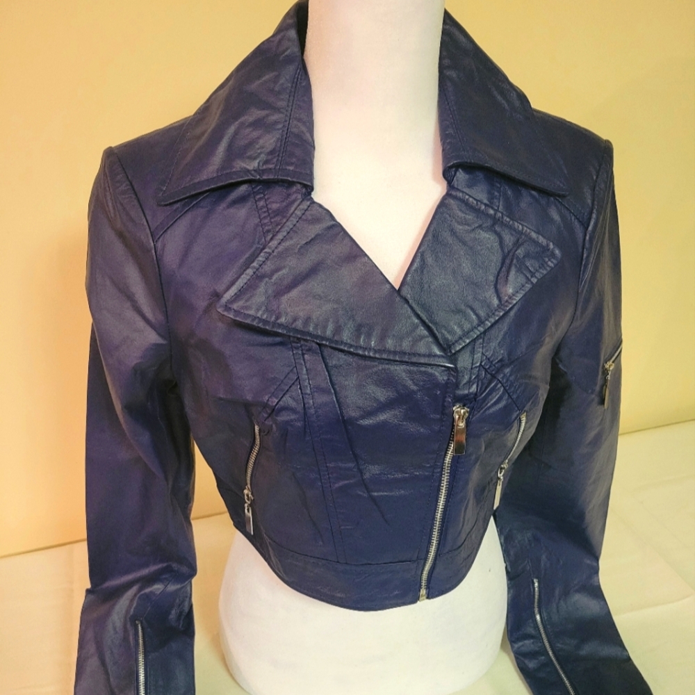 Blue cropped leather jacket- Blue- SM- 2015 -NWT